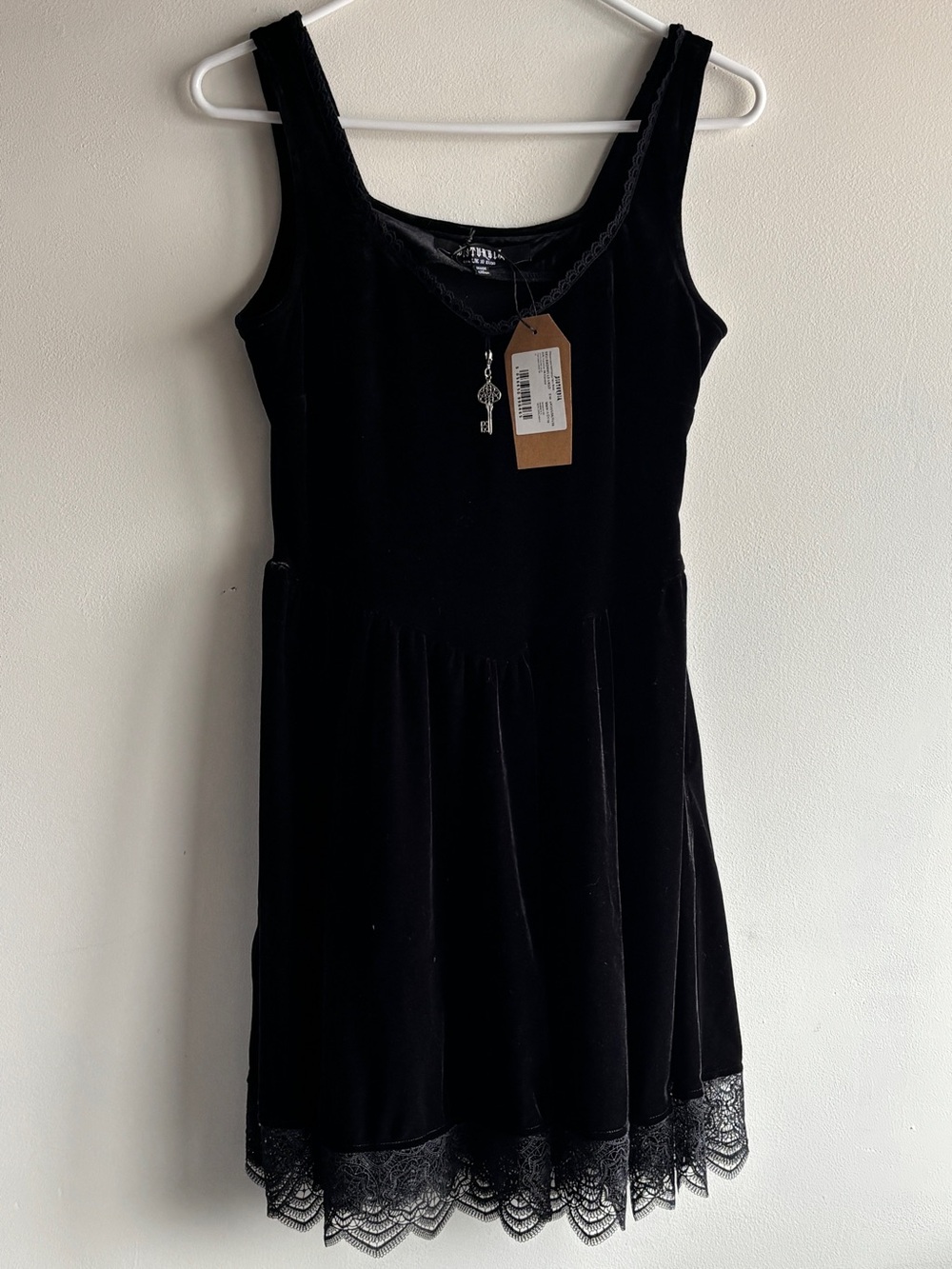 NWT Disturbia Orbweb Lace Hem Velour Mini Dress Black 6 - Picture 2 of 8